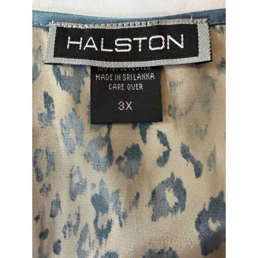 Vintage Halston Women's Satin Pajama Top Lounge Casual 3X Blue Tan Animal Print